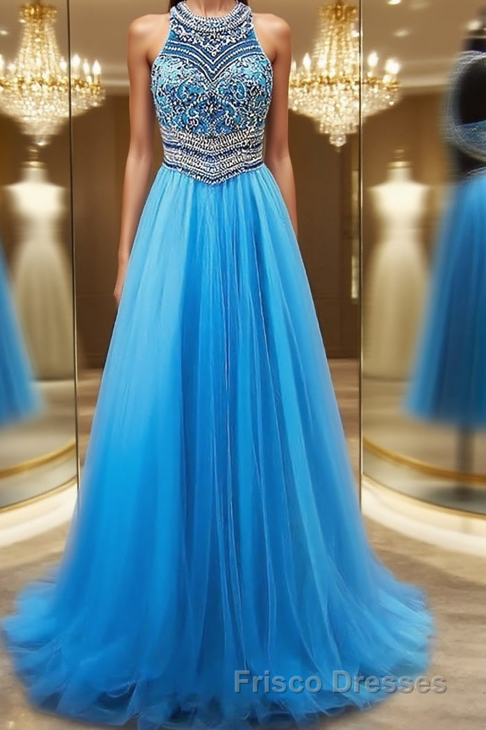 A-Line/Princess Jewel Sweep Train Tulle Evening Dress With Beading Main image