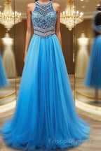 A-Line/Princess Jewel Sweep Train Tulle Evening Dress With Beading
