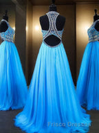 A-Line/Princess Jewel Sweep Train Tulle Evening Dress With Beading
