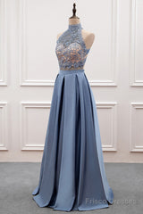 A-Line/Princess Lace & Satin Halter Cut-Out Back Prom Dress