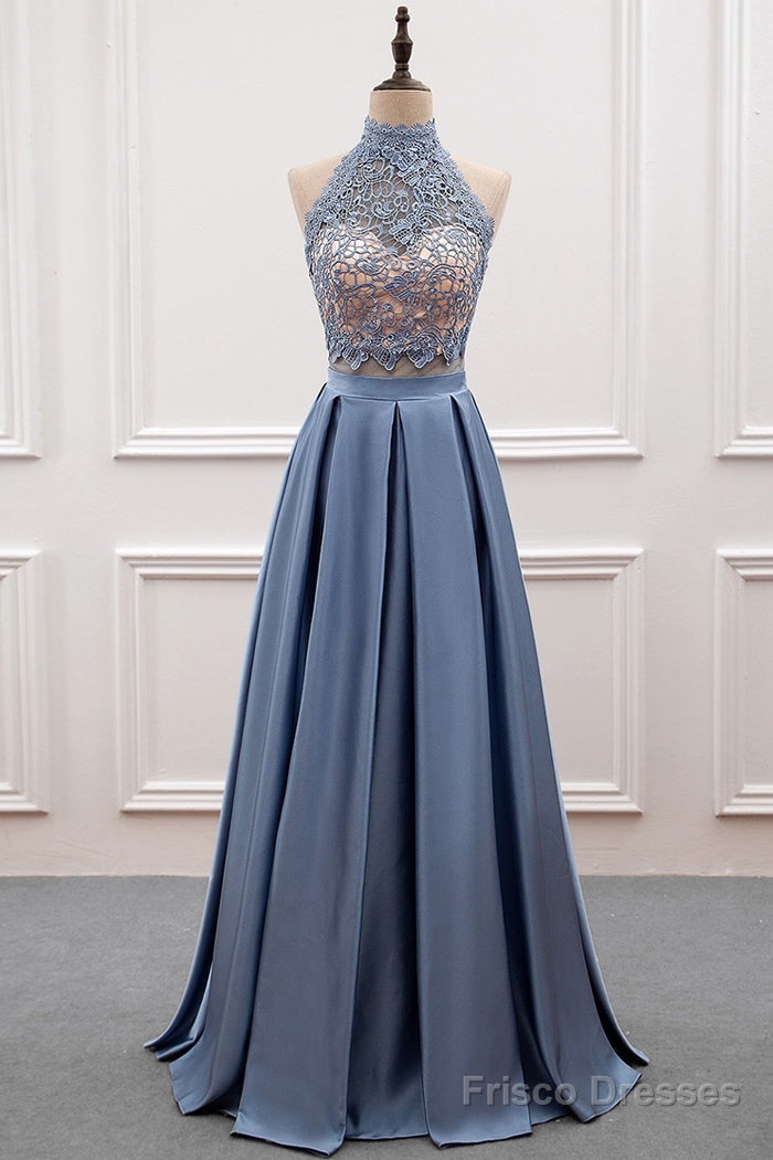 A-Line/Princess Lace & Satin Halter Cut-Out Back Prom Dress Main image