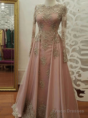 A-Line/Princess Long Sleeves Scoop Floor-Length Applique Tulle Muslim Dresses