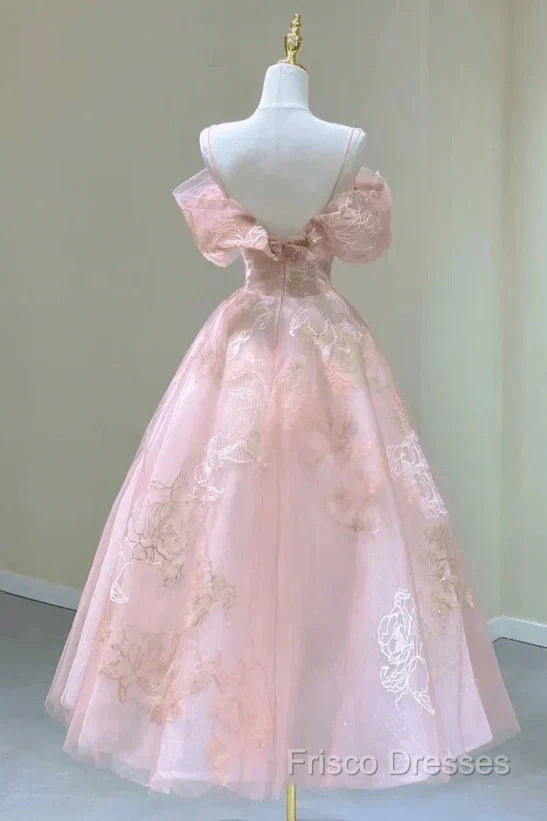 A-Line Princess Lovely Pink Tea Length Straps Tulle Formal Dress Formal Prom Dress Secondary image