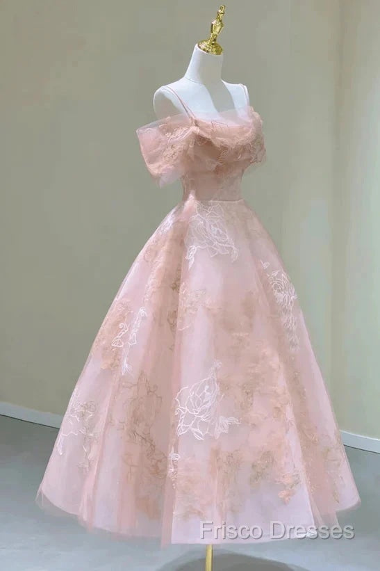 A-Line Princess Lovely Pink Tea Length Straps Tulle Formal Dress Formal Prom Dress