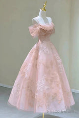 A-Line Princess Lovely Pink Tea Length Straps Tulle Formal Dress Prom Dress