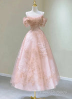 A-Line Princess Lovely Pink Tea Length Straps Tulle Formal Dress Formal Prom Dress