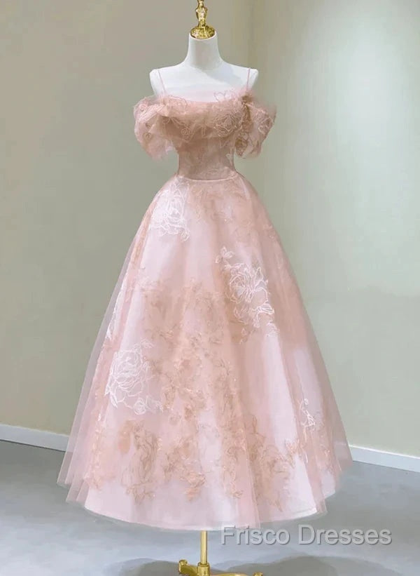 A-Line Princess Lovely Pink Tea Length Straps Tulle Formal Dress Formal Prom Dress