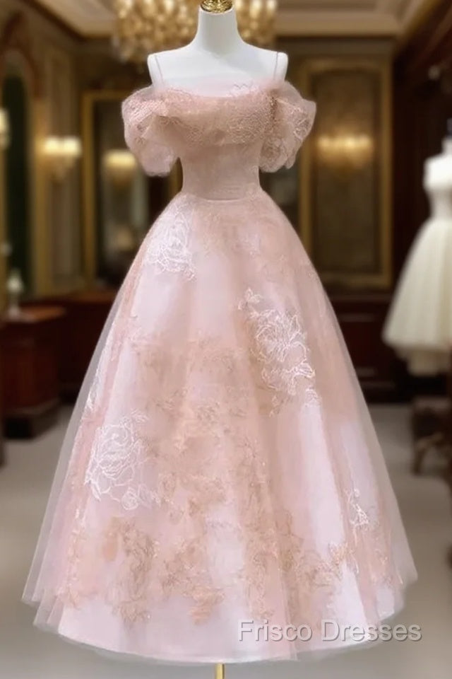 A-Line Princess Lovely Pink Tea Length Straps Tulle Formal Dress Formal Prom Dress Main image