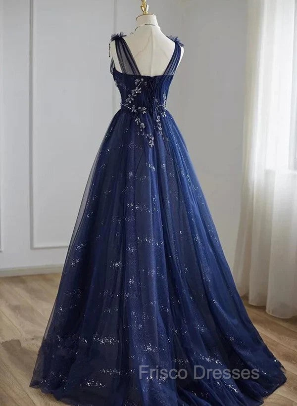 A-Line Princess Navy Blue Tulle Beaded V-neckline Party Dress Shiny Tulle Formal Prom Dress Secondary image