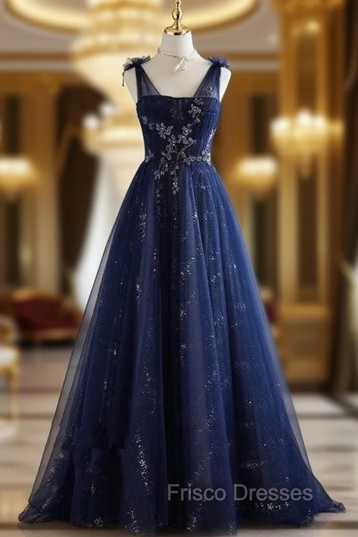 A-Line Princess Navy Blue Tulle Beaded V-neckline Party Dress Shiny Tulle Formal Prom Dress Main image
