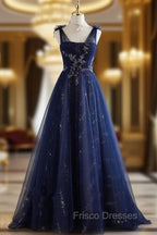 A-Line Princess Navy Blue Tulle Beaded V-neckline Party Dress Shiny Tulle Formal Prom Dress