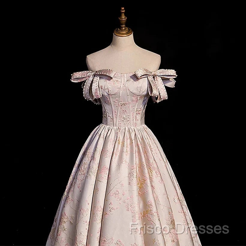 A-Line Princess Off Shoulder Floral Long Party Dress Sweetheart Formal Prom Dress Formal Dress
