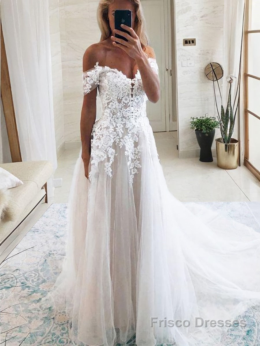 A-Line/Princess Off-the-Shoulder Cathedral Train Tulle Wedding Dresses With Appliques Lace Main image