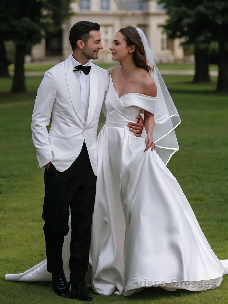 A-Line/Princess Off-the-Shoulder Cathedral Train Satin Wedding Dresses Main image
