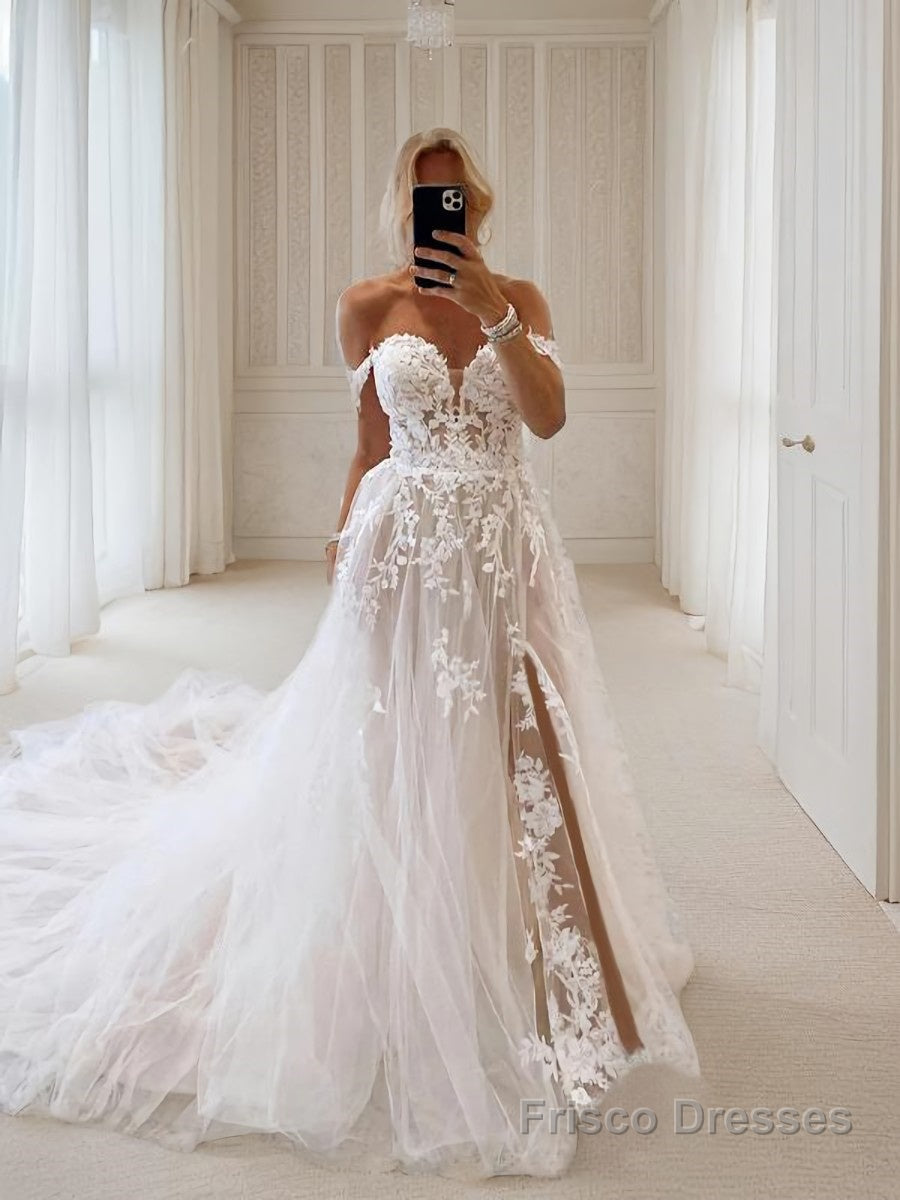 A-Line/Princess Off-the-Shoulder Chapel Train Tulle Wedding Dresses With Leg Slit Main image