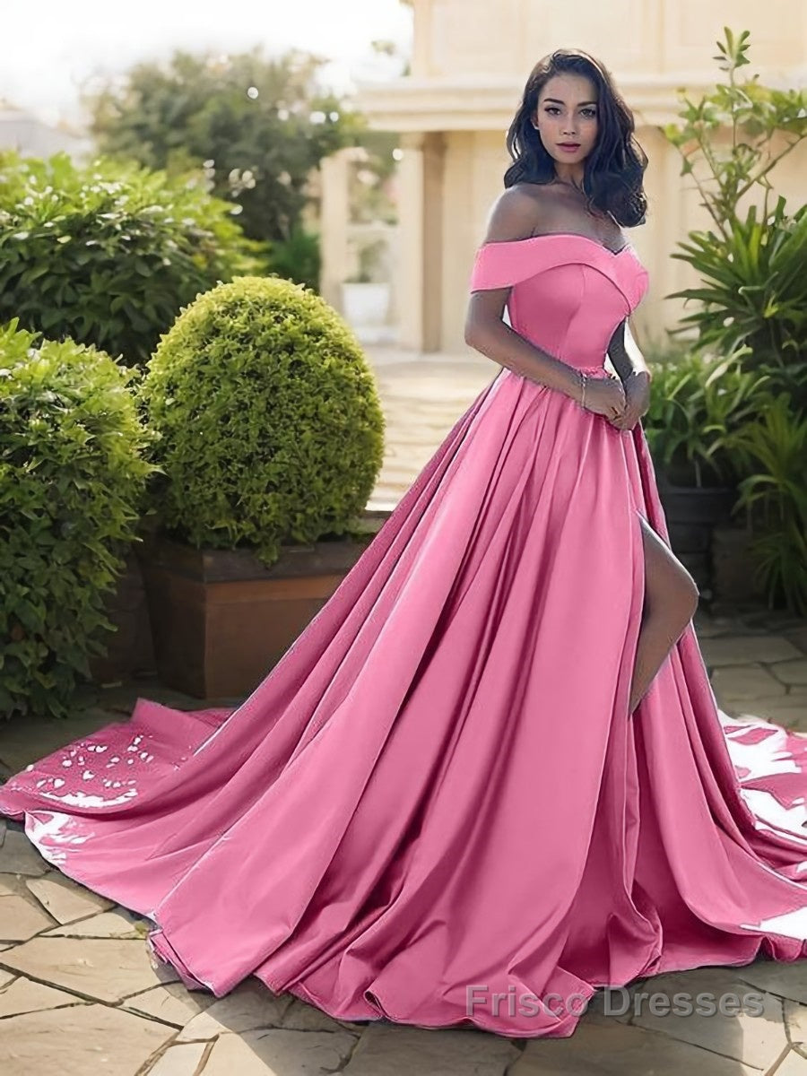A-Line/Princess Off-the-Shoulder Court Train Satin Evening Dresses With Leg Slit Main image