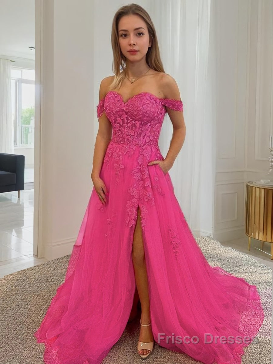 A-Line/Princess Off-the-Shoulder Court Train Tulle Prom Dresses With Leg Slit Main image