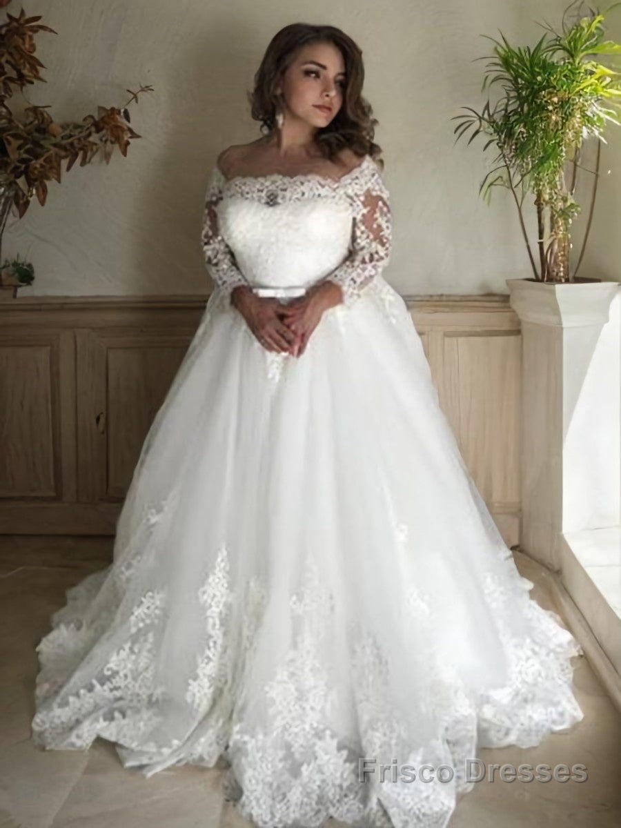 A-Line/Princess Off-the-Shoulder Court Train Tulle Wedding Dresses With Belt/Sash Main image