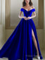 A-Line/Princess Off-the-Shoulder Floor-Length Satin Prom Dresses With Leg Slit