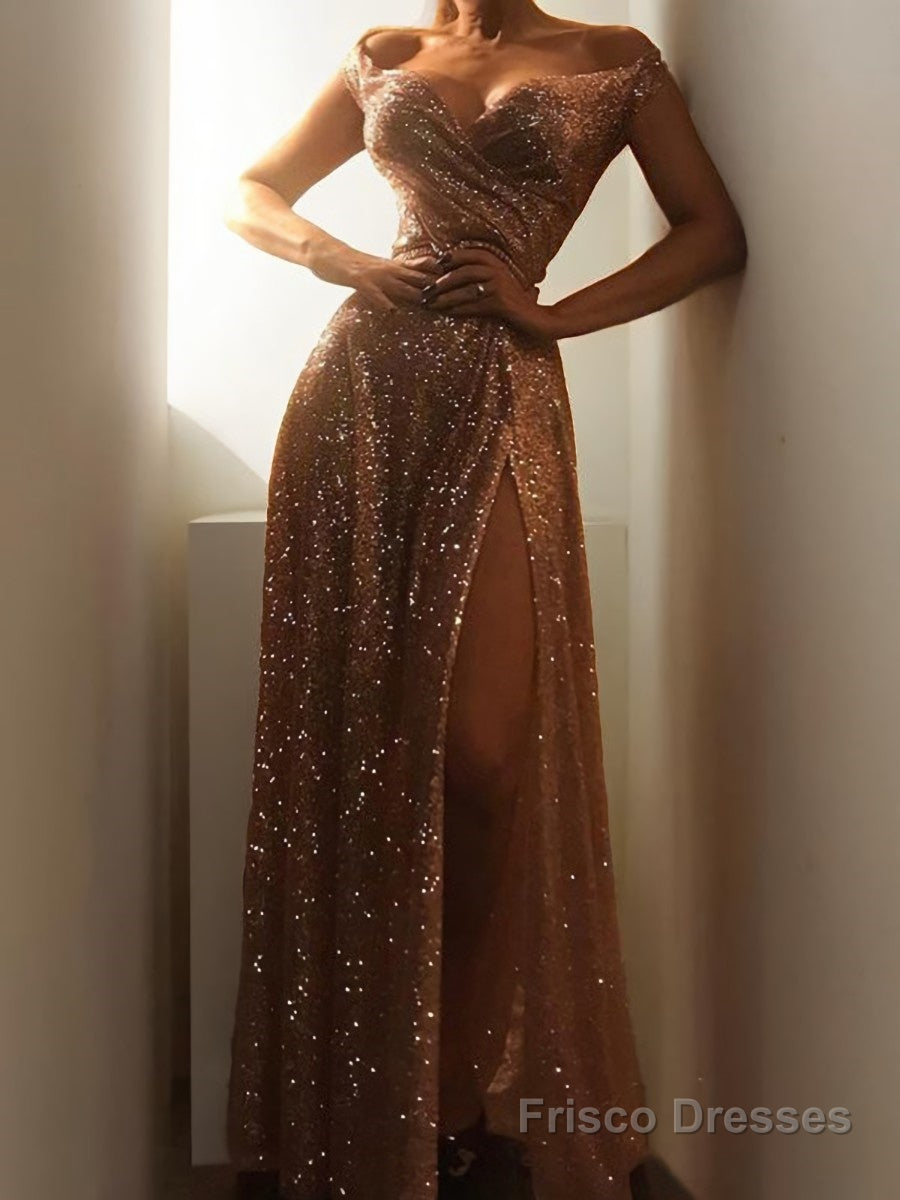 A-Line/Princess Off-the-Shoulder Floor-Length Sequins Prom Dresses With Leg Slit Main image