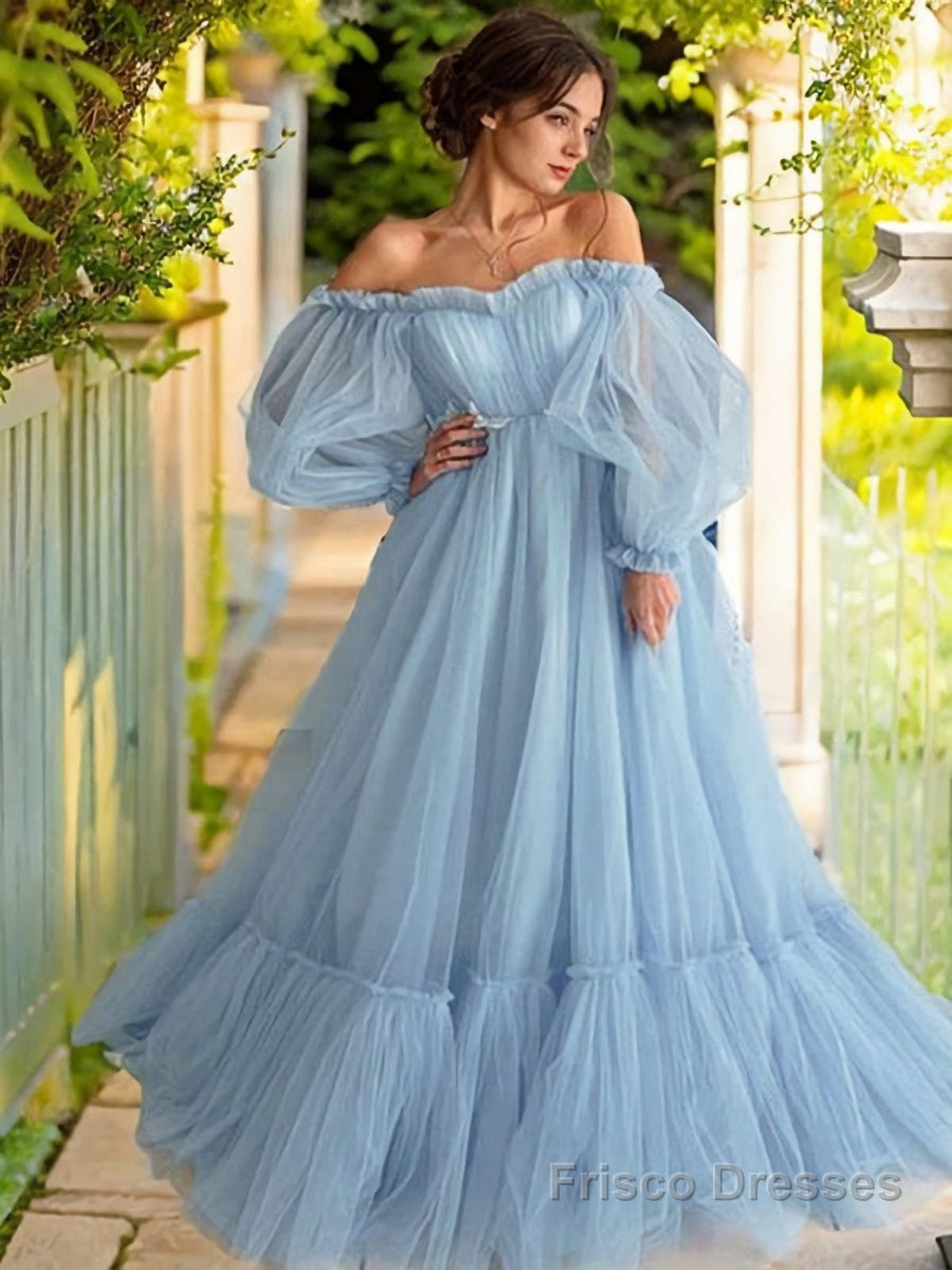 A-Line/Princess Off-the-Shoulder Floor-Length Tulle Prom Dresses With Appliques Lace Secondary image
