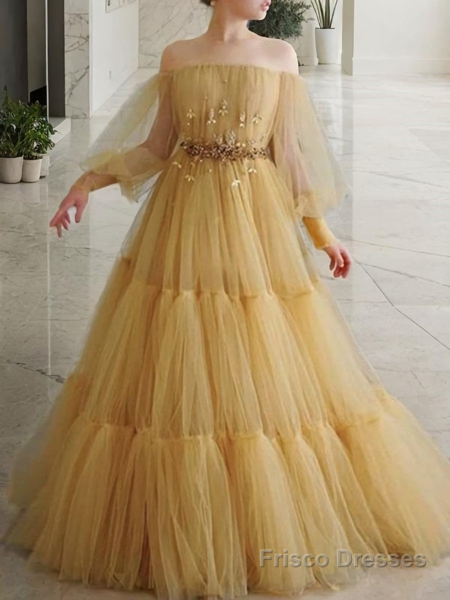 A-Line/Princess Off-the-Shoulder Floor-Length Tulle Prom Dresses With Beading Main image