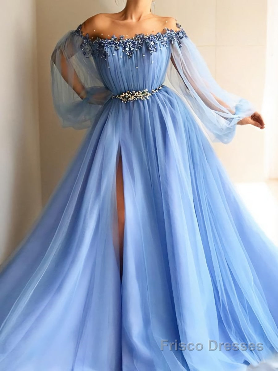 A-Line/Princess Off-the-Shoulder Floor-Length Tulle Prom Dresses With Leg Slit Main image