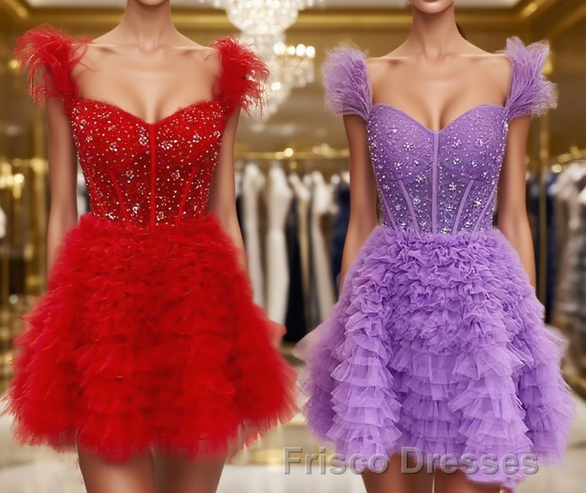 A-line/Princess Off-the-Shoulder Knee-Length Tulle Homecoming Dress with Cascading Ruffles Main image