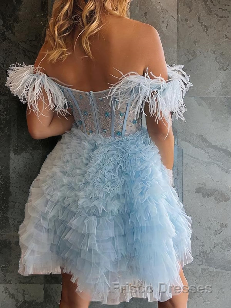 A-line/Princess Off-the-Shoulder Knee-Length Tulle Homecoming Dress with Cascading Ruffles Secondary image