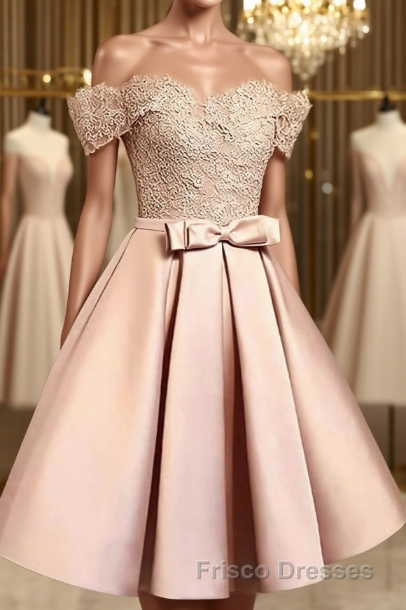 A-Line/Princess Off-the-Shoulder Short/Mini Satin Homecoming Dress With Bow Main image