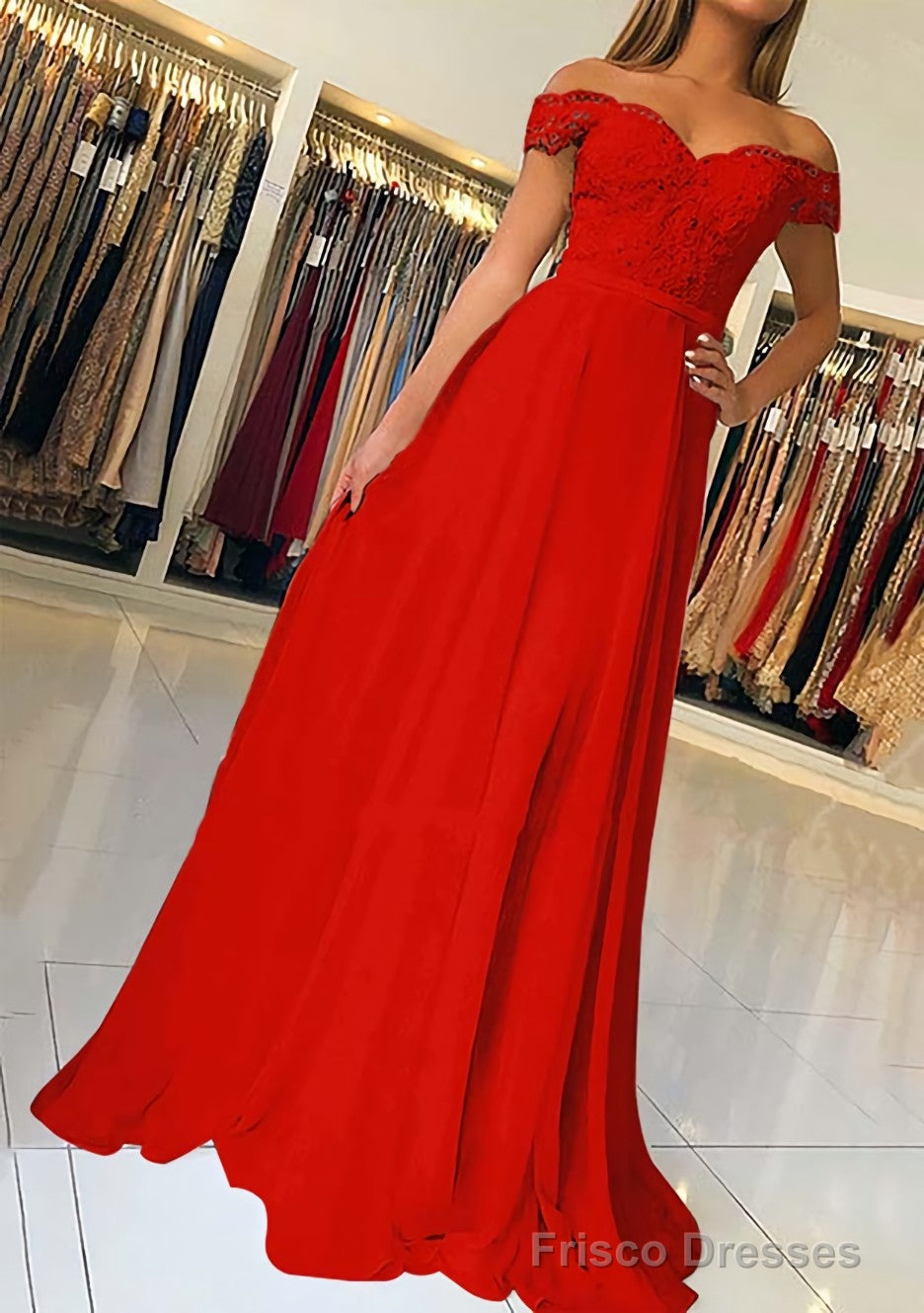 A-line/Princess Off-the-Shoulder Short Sleeve Sweep Train Chiffon Prom Dresses With Beading Appliqued