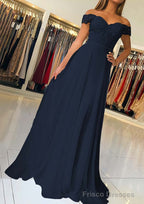 A-line/Princess Off-the-Shoulder Short Sleeve Sweep Train Chiffon Prom Dresses With Beading Appliqued