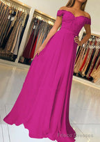 A-line/Princess Off-the-Shoulder Short Sleeve Sweep Train Chiffon Prom Dresses With Beading Appliqued