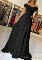 A-line/Princess Off-the-Shoulder Short Sleeve Sweep Train Chiffon Prom Dresses With Beading Appliqued