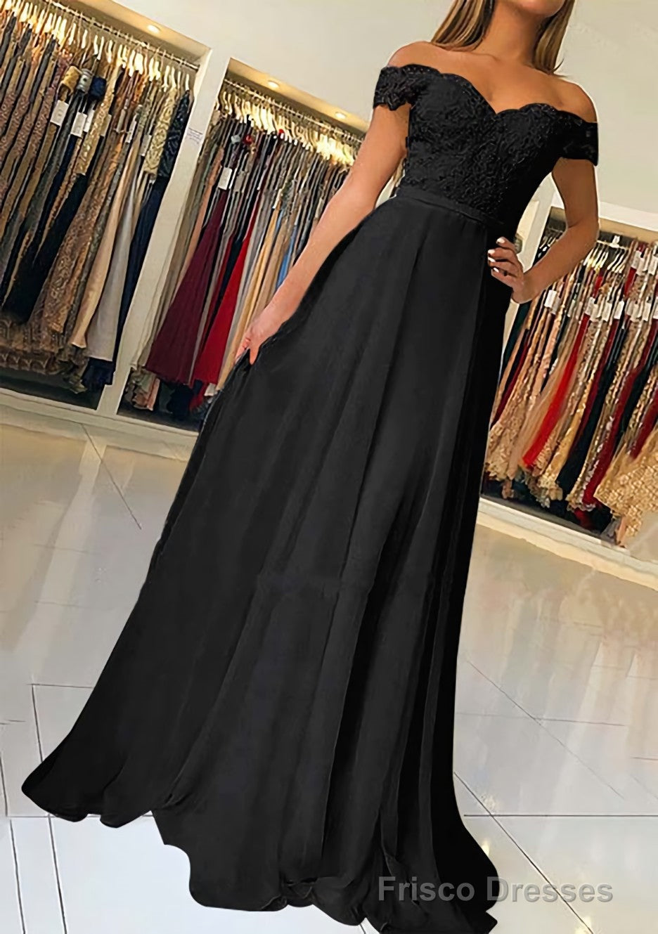 A-line/Princess Off-the-Shoulder Short Sleeve Sweep Train Chiffon Prom Dresses With Beading Appliqued