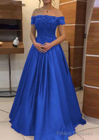 A-line/Princess Off-the-Shoulder Sleeveless Long/Floor-Length Elastic Satin Prom Dresses With Lace Pleated