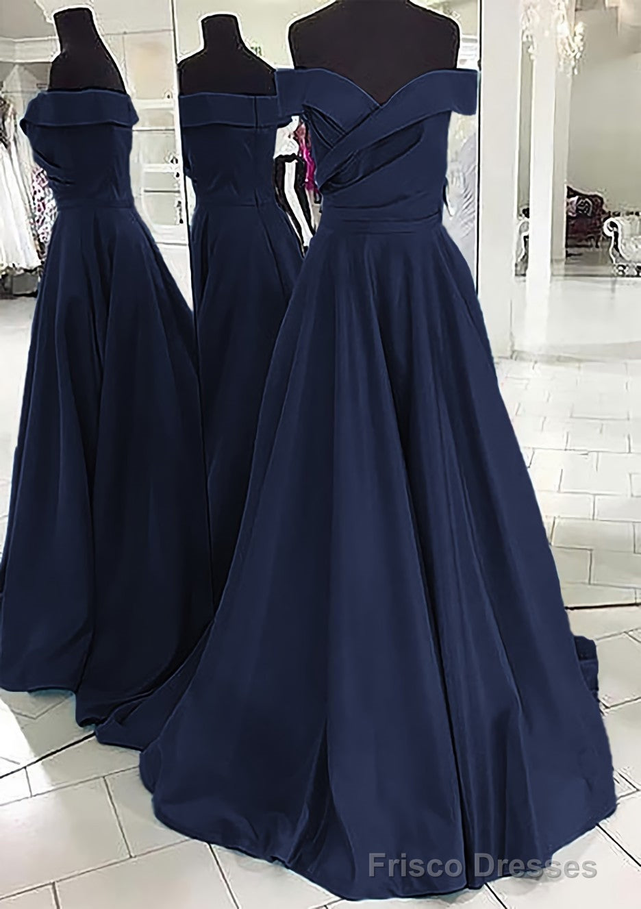 A-line/Princess Off-the-Shoulder Sleeveless Sweep Train Satin Prom Dresses