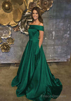A-line/Princess Off-the-Shoulder Sleeveless Sweep Train Satin Prom Dresses With Low Back