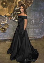 A-line/Princess Off-the-Shoulder Sleeveless Sweep Train Satin Prom Dresses With Low Back