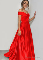 A-line/Princess Off-the-Shoulder Sleeveless Sweep Train Satin Prom Dresses With Pleated