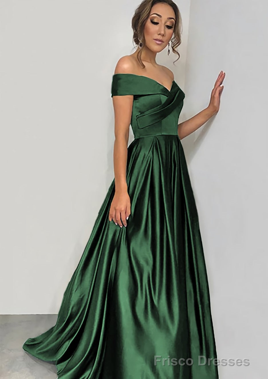 A-line/Princess Off-the-Shoulder Sleeveless Sweep Train Satin Prom Dresses With Pleated