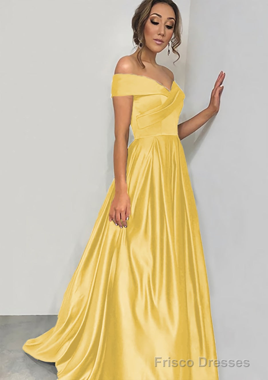 A-line/Princess Off-the-Shoulder Sleeveless Sweep Train Satin Prom Dresses With Pleated