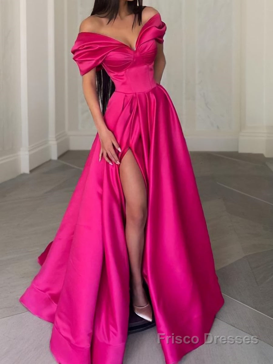 A-Line/Princess Off-the-Shoulder Sweep Train Satin Evening Dresses With Leg Slit Main image