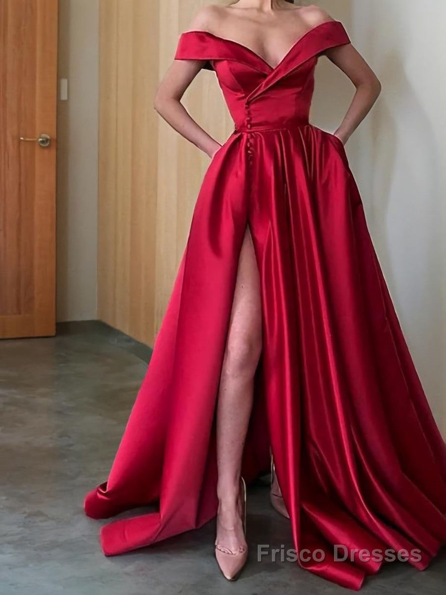 A-Line/Princess Off-the-Shoulder Sweep Train Satin Prom Dresses With Leg Slit Secondary image