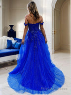 A-Line/Princess Off-the-Shoulder Sweep Train Tulle Prom Dresses With Leg Slit
