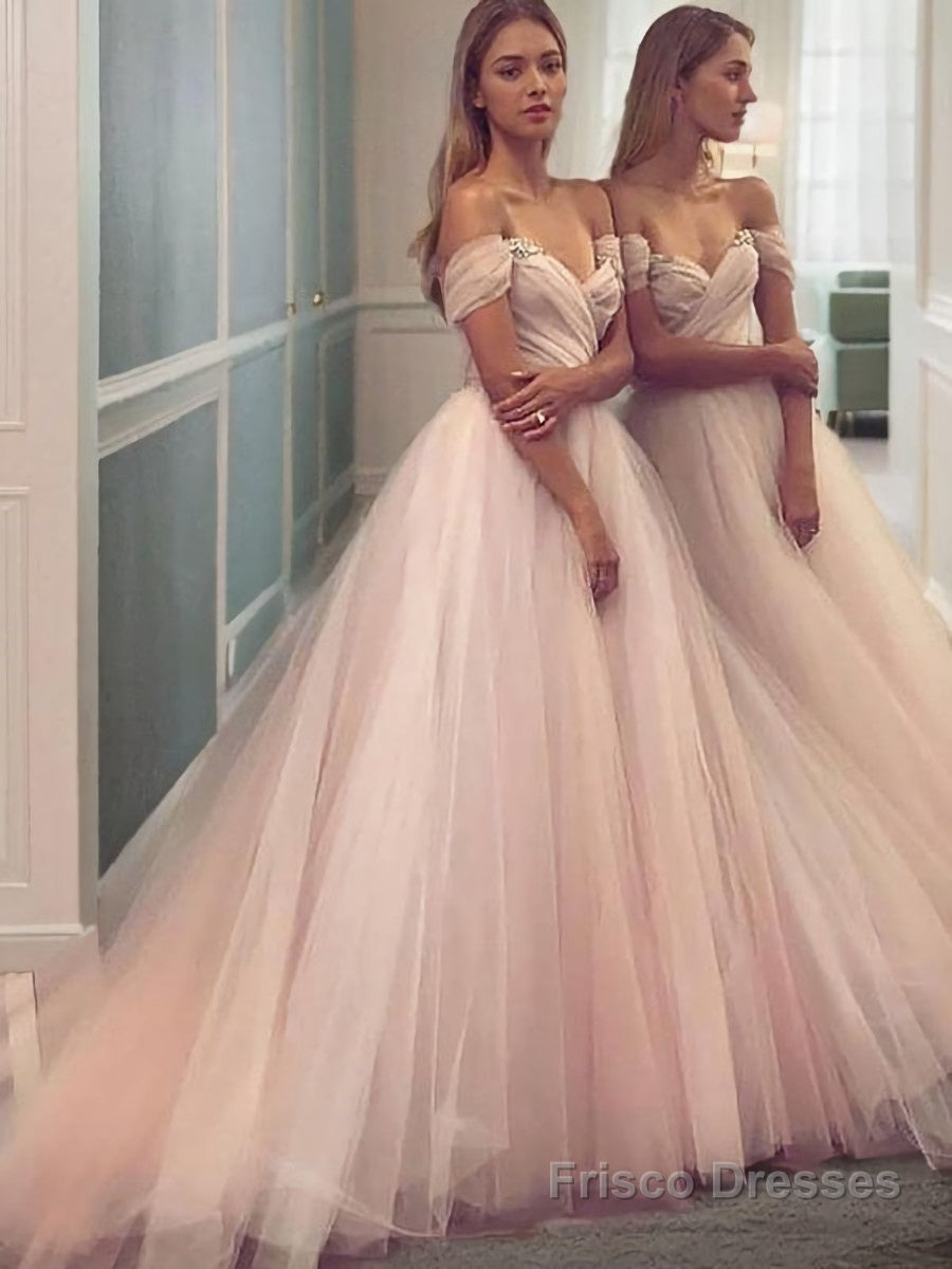 A-Line/Princess Off-the-Shoulder Sweep Train Tulle Prom Dresses With Ruffles Main image