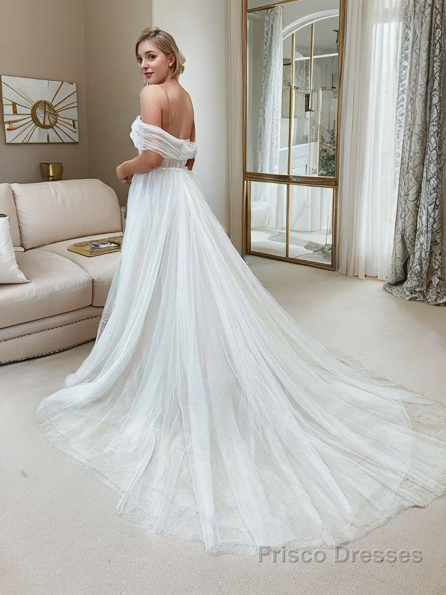 A-Line/Princess Off-the-Shoulder Sweep Train Tulle Wedding Dresses Secondary image