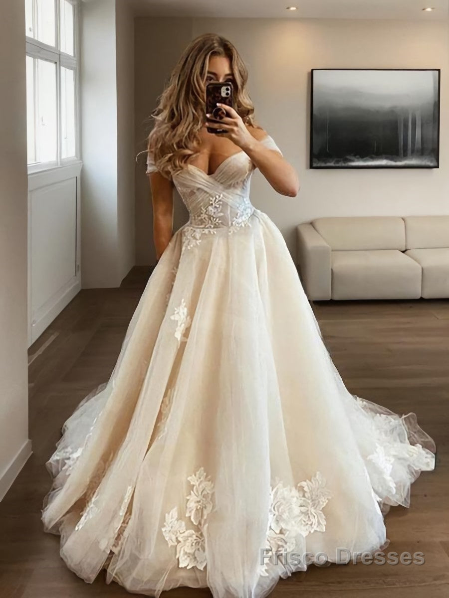 A-Line/Princess Off-the-Shoulder Sweep Train Tulle Wedding Dresses With Appliques Lace Main image