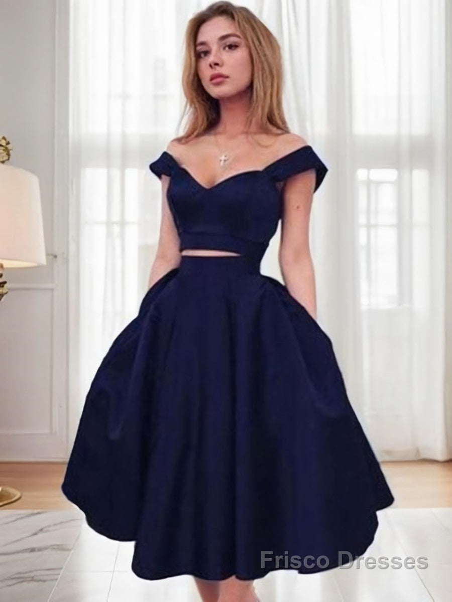 A-Line/Princess Off-the-Shoulder Tea-Length Satin Homecoming Dresses Main image