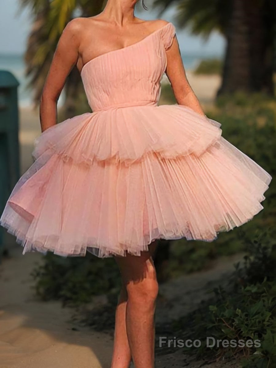 A-Line/Princess One-Shoulder Short/Mini Tulle Homecoming Dresses With Cascading Ruffles Main image